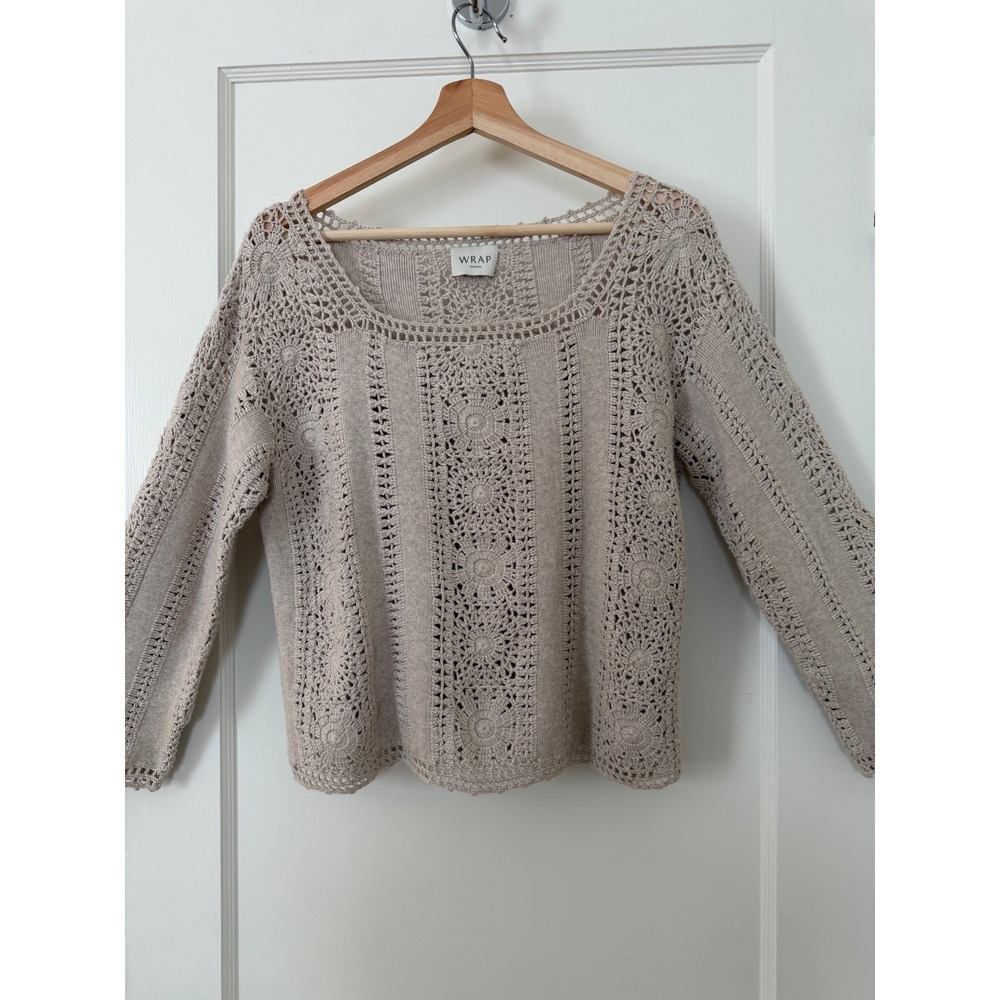 Wrap London Cotton Crochet Knit Sweater Boho Open Weave Pullover Beige/Cream: 6